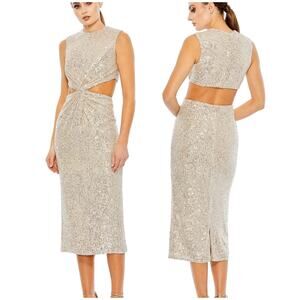 Mac Duggal NWT Nude Sequin Front Twist Cut Out Sheath Midi Cocktail Dress Size 6
